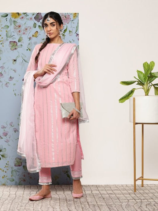 Women Gotta Patti Pure Cotton Kurta With Trousers & With Dupatta - Inddus.com