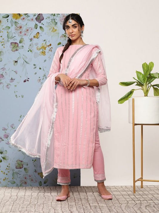 Women Gotta Patti Pure Cotton Kurta With Trousers & With Dupatta - Inddus.com