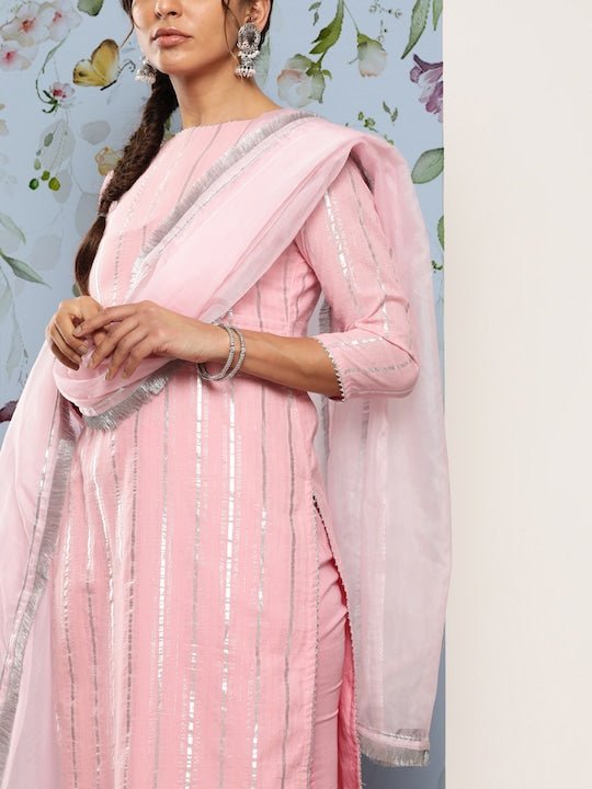 Women Gotta Patti Pure Cotton Kurta With Trousers & With Dupatta - Inddus.com