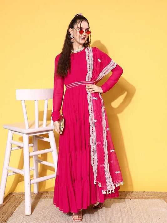 Women Gotta Patti Tiering Georgette Kurta With Dupatta - Inddus.com