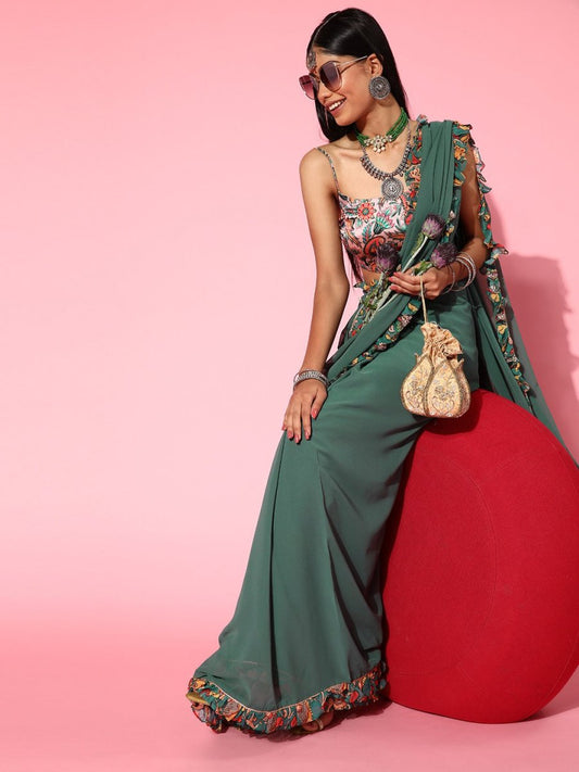 Women Green and Pink Solid Saree with Ruffled Border - Inddus.com