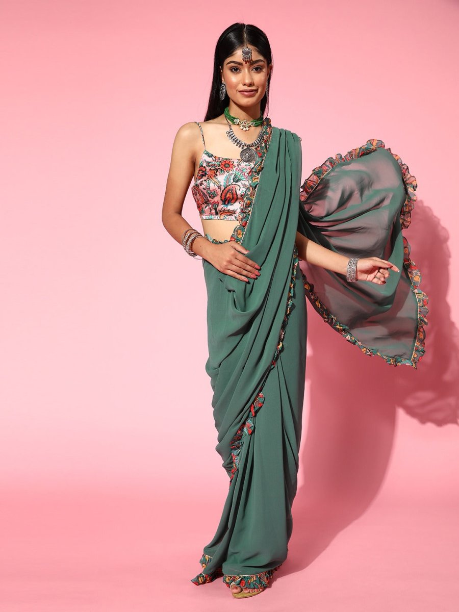 Women Green and Pink Solid Saree with Ruffled Border - Inddus.com