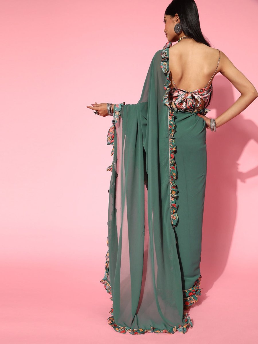 Women Green and Pink Solid Saree with Ruffled Border - Inddus.com