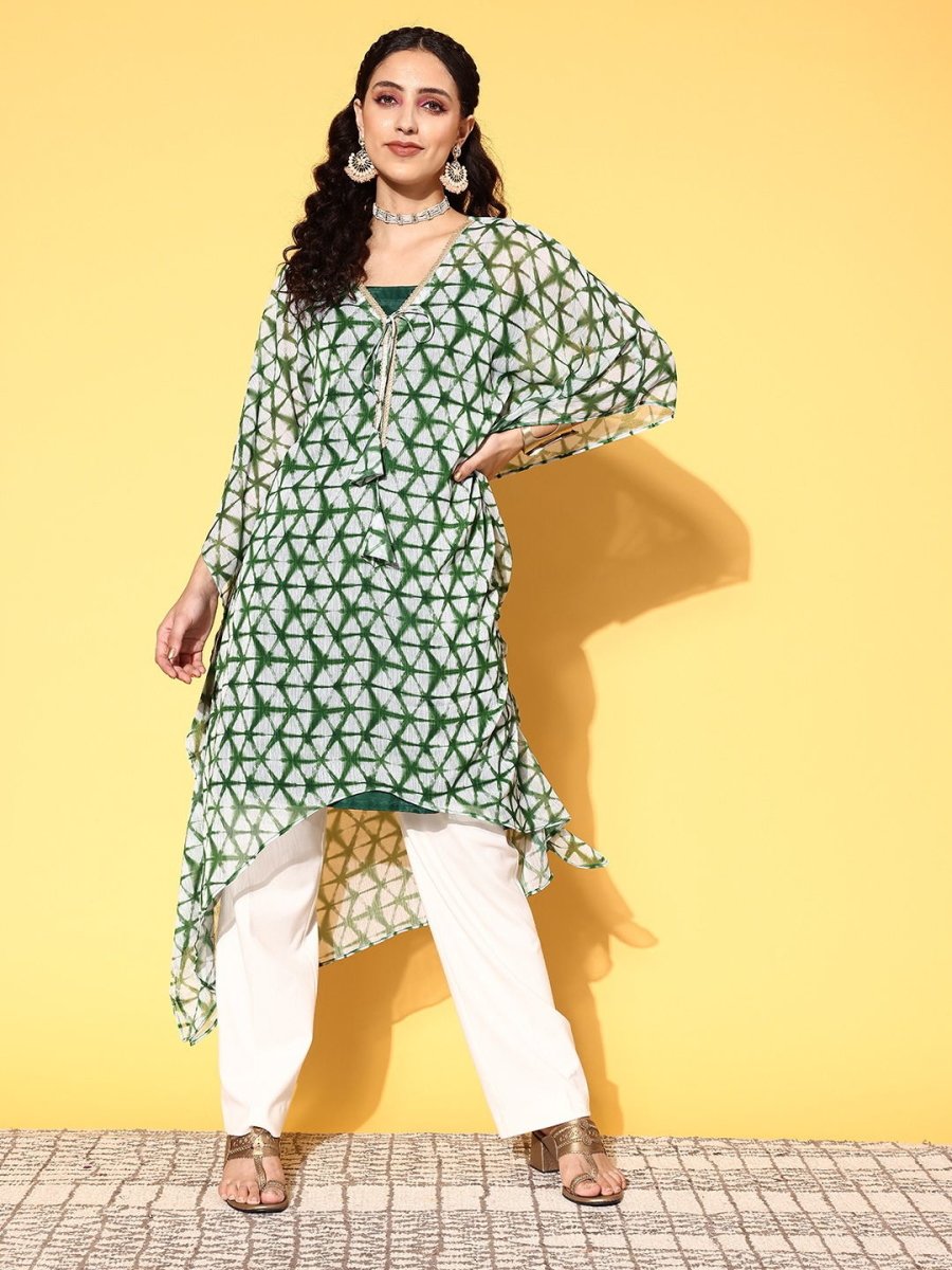 Women Green Chiffon Asymmetric Hemline Kurta - Inddus.com