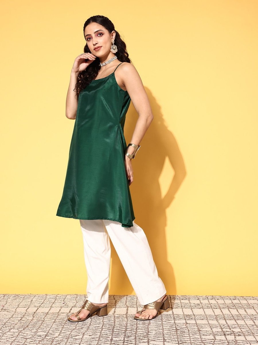 Women Green Chiffon Asymmetric Hemline Kurta - Inddus.com