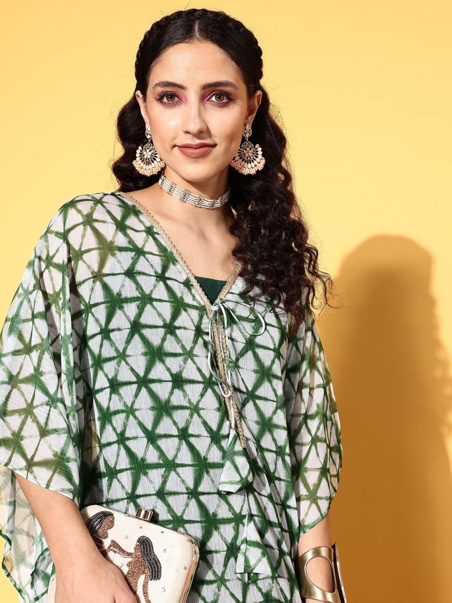 Women Green Chiffon Asymmetric Hemline Kurta - Inddus.com