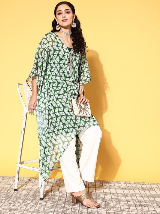 Women Green Chiffon Asymmetric Hemline Kurta - Inddus.com