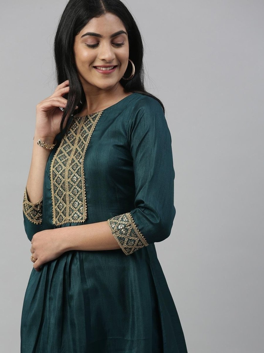 Women Green Embroidered A-Line High Low Kurta - Inddus.com