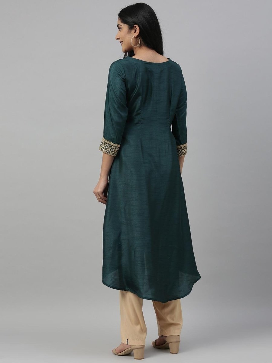 Women Green Embroidered A-Line High Low Kurta - Inddus.com