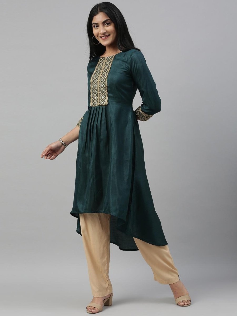 Women Green Embroidered A-Line High Low Kurta - Inddus.com