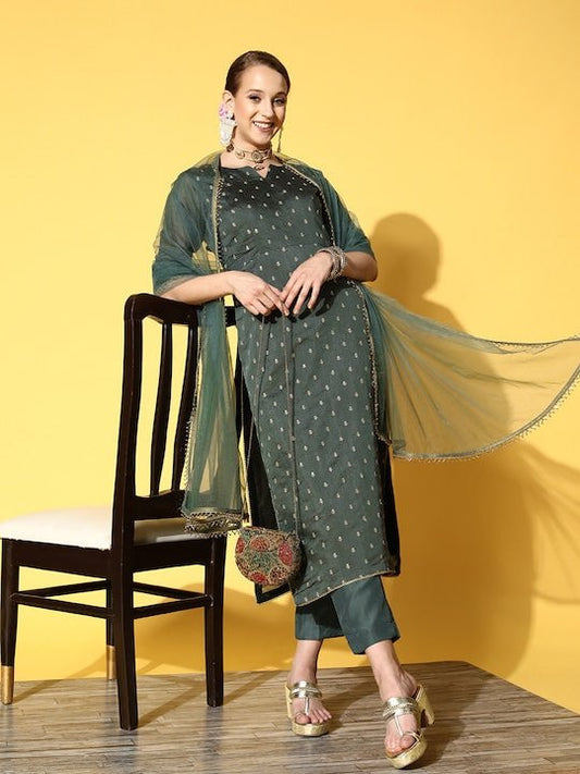 Women Green Embroidered Chanderi Cotton Kurta with Trousers & With Dupatta - Inddus.com