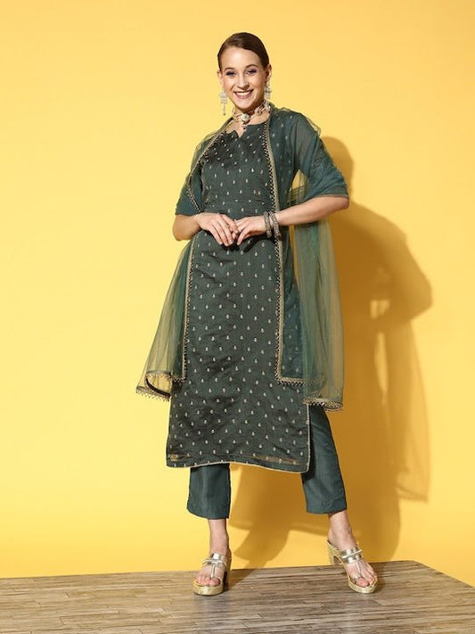 Women Green Embroidered Chanderi Cotton Kurta with Trousers & With Dupatta - Inddus.com