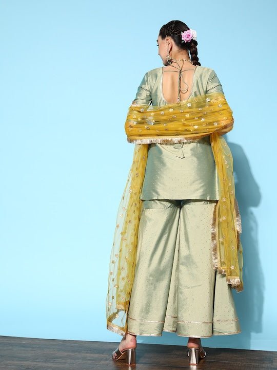 Women Green Embroidered Kurti with Sharara & With Dupatta - Inddus.com