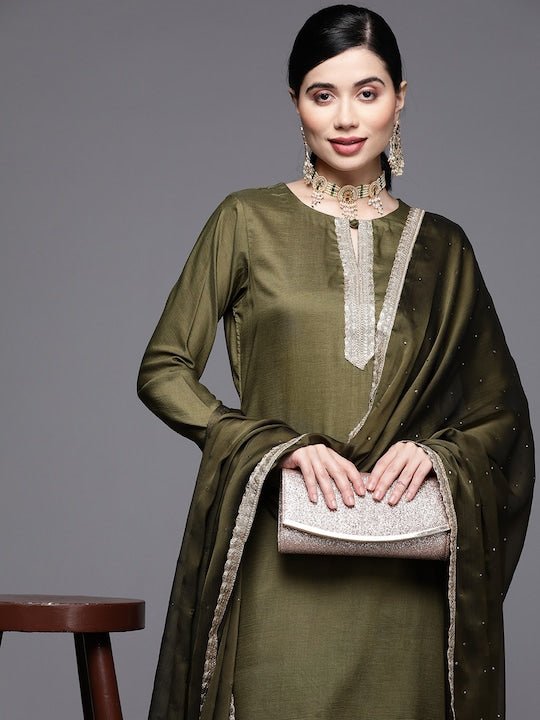 Women Green Embroidered Sequinned Kurta with Palazzos & With Dupatta - Inddus.com