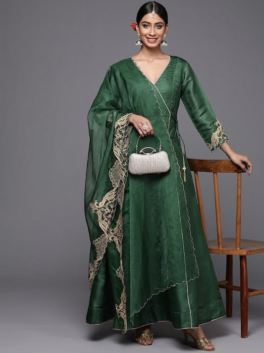 Women Green Embroidered Thread Work Anarkali Kurta - Inddus.com