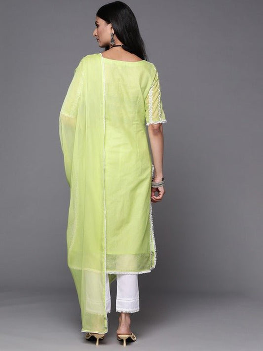 Women Green Embroidered Thread Work Kurta and Trouser with Dupatta - Inddus.com