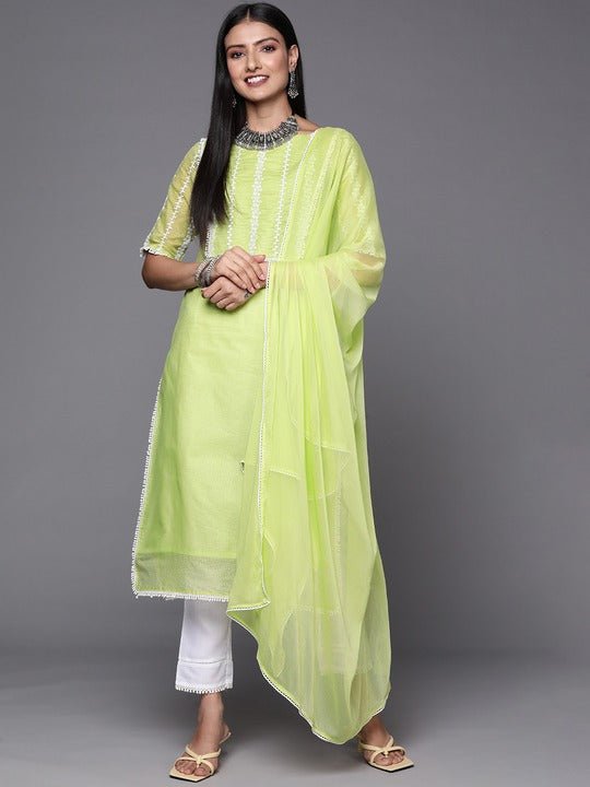 Women Green Embroidered Thread Work Kurta and Trouser with Dupatta - Inddus.com