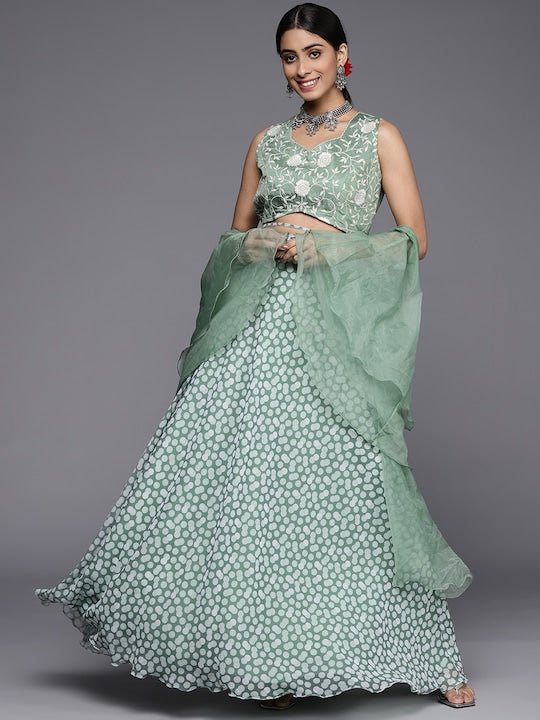 Women Green Embroidered Thread Work Top with Skirt - Inddus.com