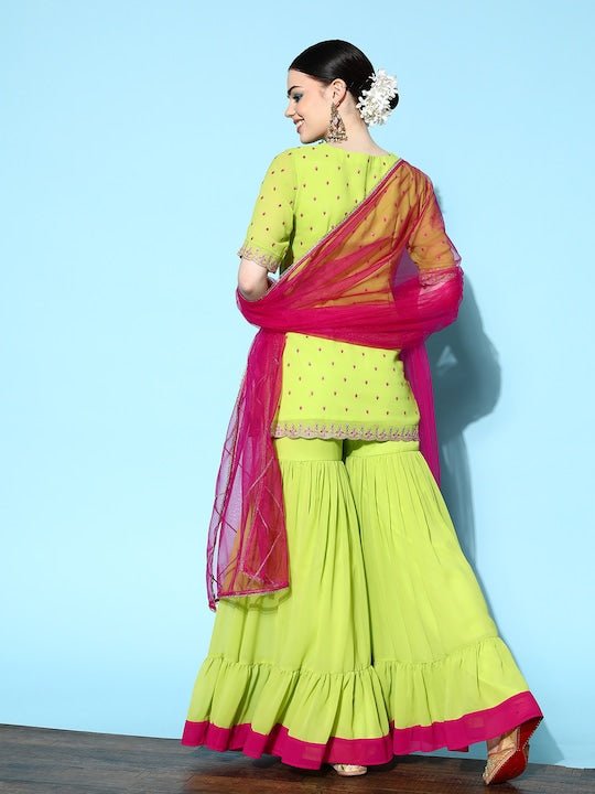 Women Green Ethnic Motifs Embroidered Thread Work Kurta with Sharara & Dupatta - Inddus.com