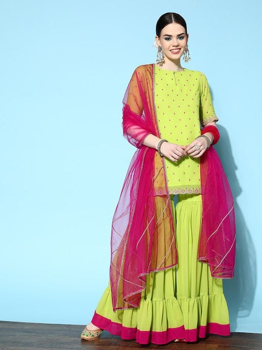 Women Green Ethnic Motifs Embroidered Thread Work Kurta with Sharara & Dupatta - Inddus.com