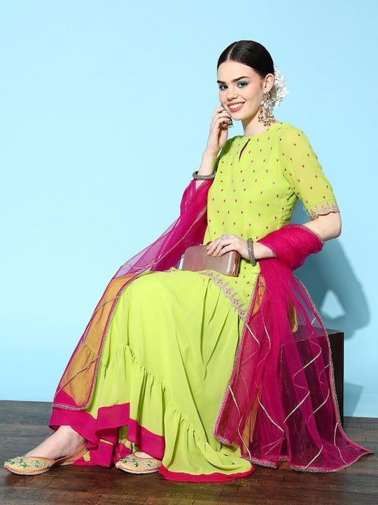 Women Green Ethnic Motifs Embroidered Thread Work Kurta with Sharara & Dupatta - Inddus.com