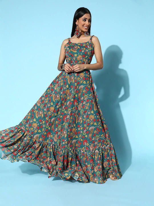 Women Green Ethnic Motifs Ethereal Embroidery Dress - Inddus.com