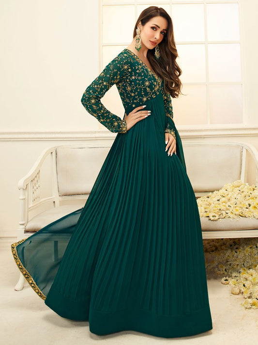 Women Green Floral Embroidered Anarkali Kurta - Inddus.com