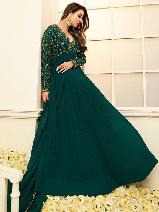 Women Green Floral Embroidered Anarkali Kurta - Inddus.com