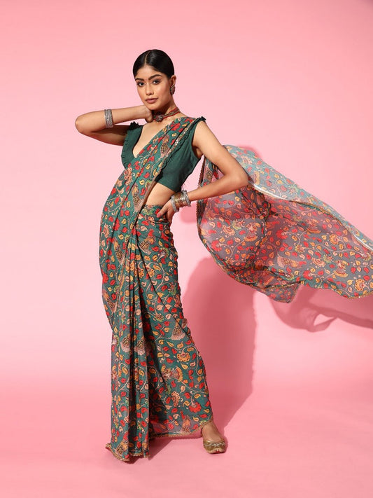 Women Green Floral Printed Embellished Festive Saree - Inddus.com