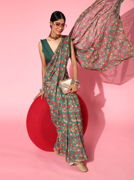 Women Green Floral Printed Embellished Festive Saree - Inddus.com