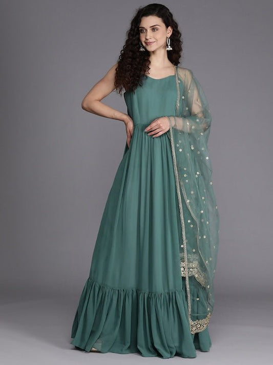 Women Green Georgette Kurta with Embroidered Dupatta - Inddus.com