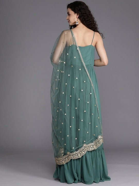 Women Green Georgette Kurta with Embroidered Dupatta - Inddus.com