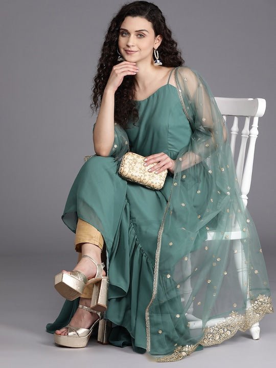 Women Green Georgette Kurta with Embroidered Dupatta - Inddus.com