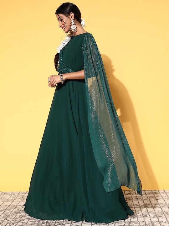 Women Green Georgette Volume Control Ethnic Dress - Inddus.com