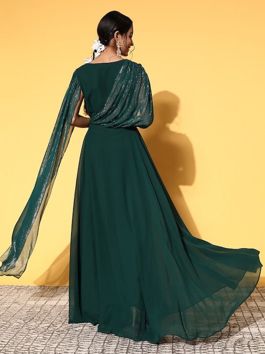 Women Green Georgette Volume Control Ethnic Dress - Inddus.com