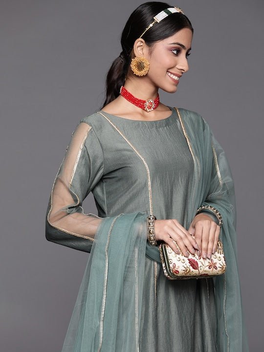 Women Green Gotta Patti Kurta with Palazzos & With Dupatta - Inddus.com