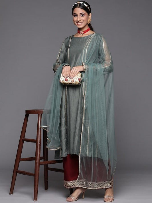 Women Green Gotta Patti Kurta with Palazzos & With Dupatta - Inddus.com