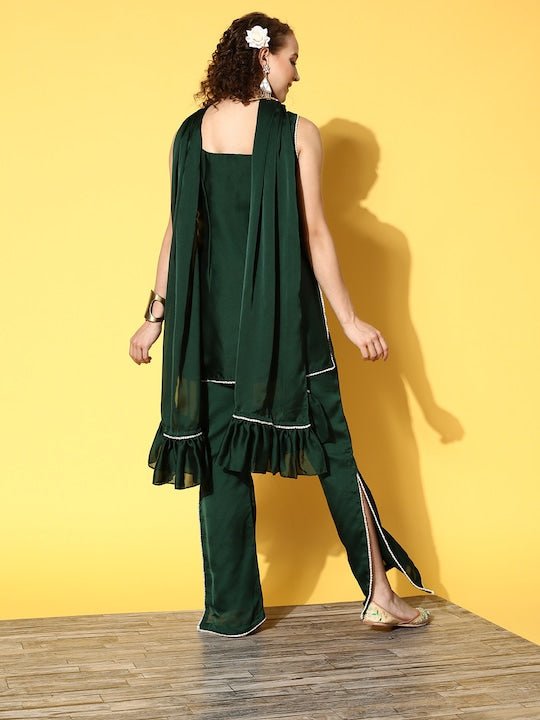 Women Green Gotta Patti Kurti with Trousers & With Dupatta - Inddus.com