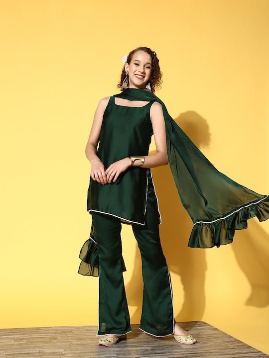 Women Green Gotta Patti Kurti with Trousers & With Dupatta - Inddus.com