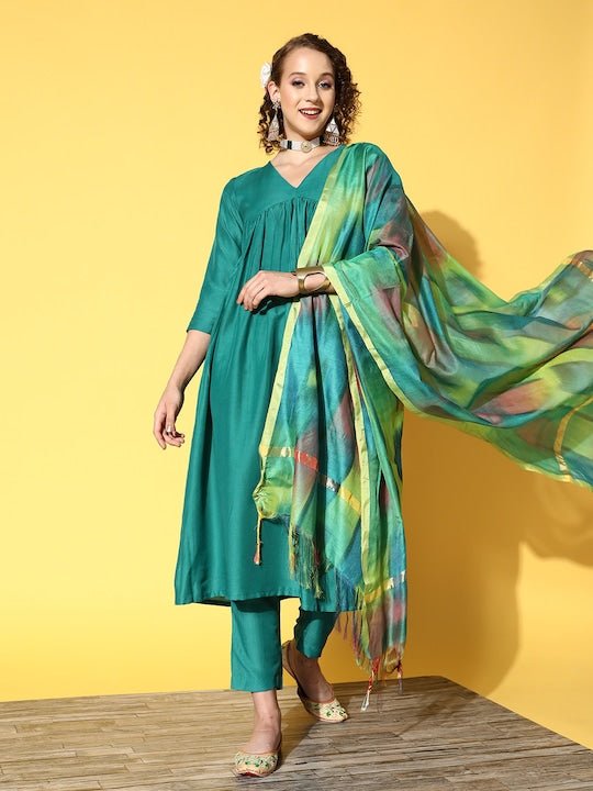 Women Green Kurta with Trousers & With Dupatta - Inddus.com