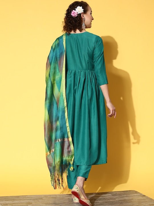 Women Green Kurta with Trousers & With Dupatta - Inddus.com