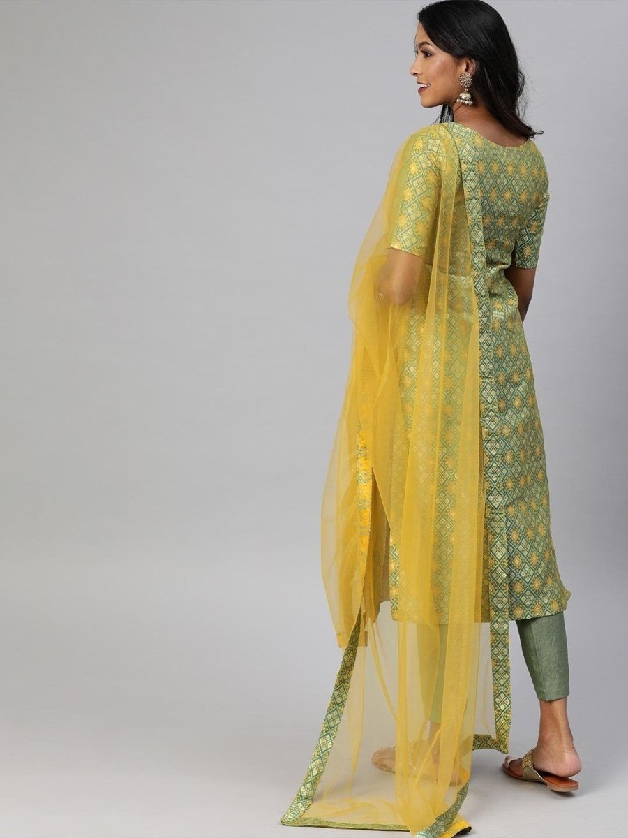 Women Green & Mustard Yellow Woven Straight Cut Suit - Inddus.com