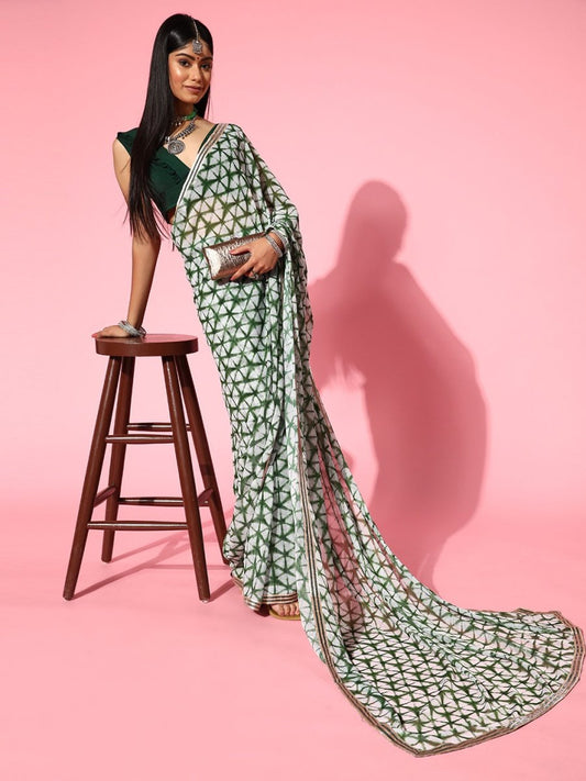 Women Green Printed Tie and Dye Saree - Inddus.com