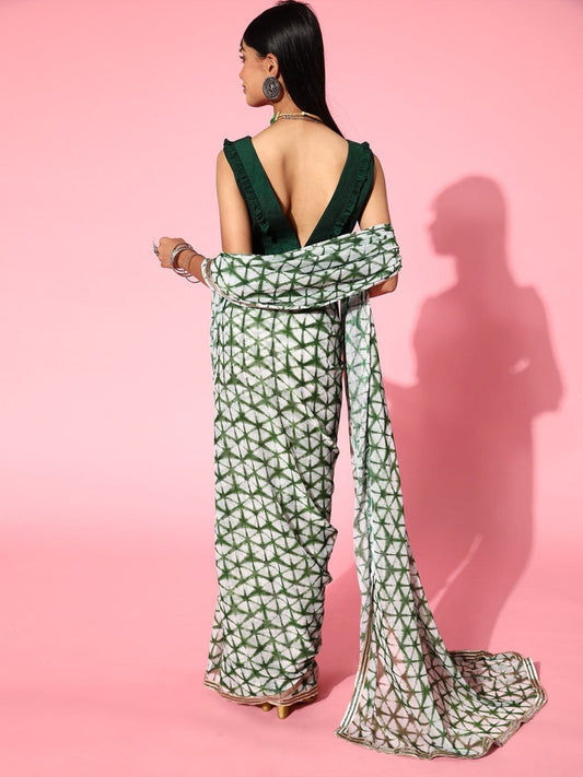 Women Green Printed Tie and Dye Saree - Inddus.com