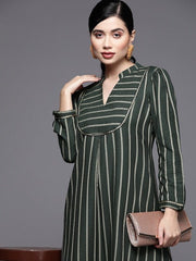 Women Green Striped Pure Cotton Kurta - Inddus.com