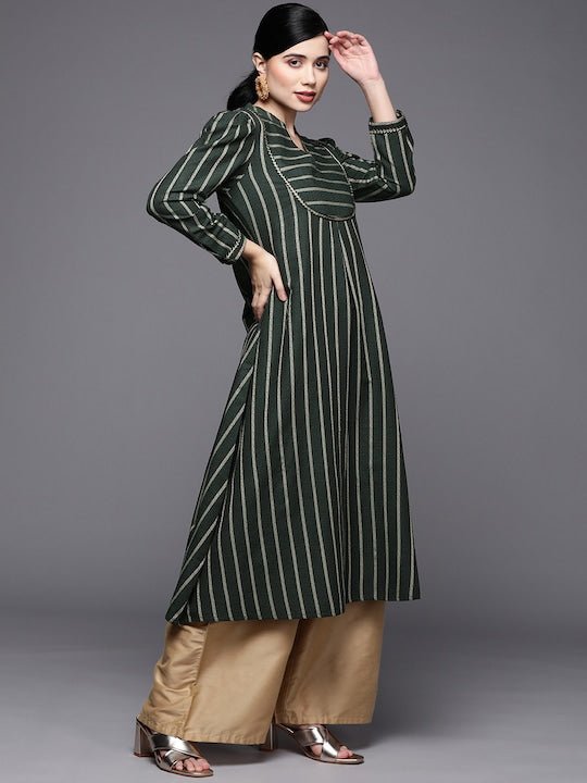 Women Green Striped Pure Cotton Kurta - Inddus.com