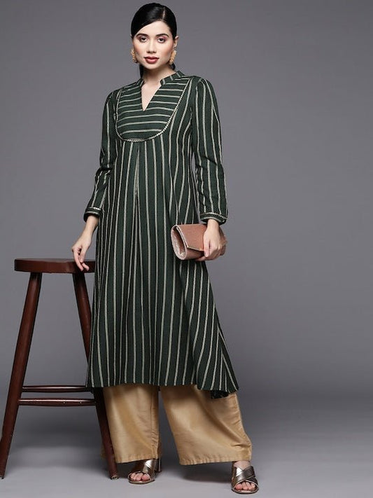 Women Green Striped Pure Cotton Kurta - Inddus.com