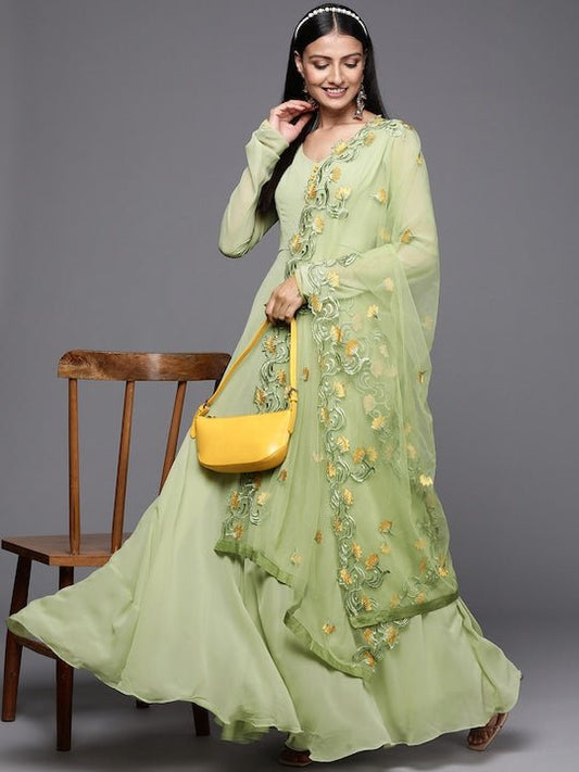 Women Green Thread Work Georgette Anarkali Kurta - Inddus.com