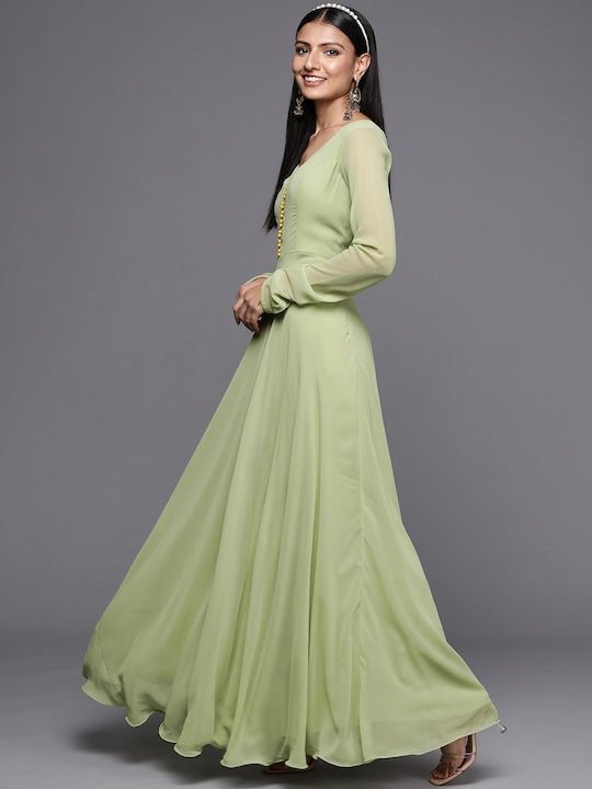 Women Green Thread Work Georgette Anarkali Kurta - Inddus.com