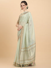 Women Green Woven Design Organza Saree with Blouse Piece